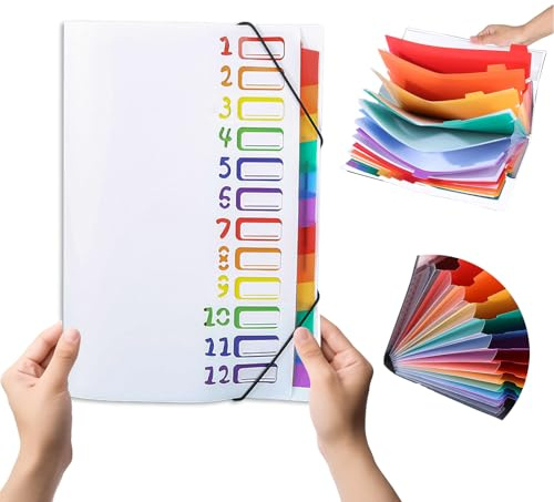 Fächermappe A4 mit 12 Fächern und 24 Taschen – Wasserdichte Ordnungsmappe mit bunten Registern für Schule & Büro, Dokumentenmappe(Weiß)