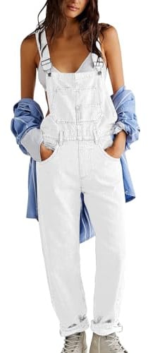 Tuta casual da donna in denim, vestibilità ampia, con spalline regolabili, salopette jeans affusolate con tasche, classica e ampia, con pettorina elasticizzata