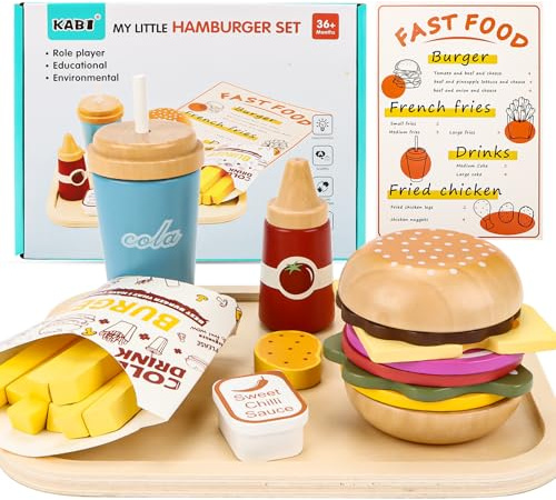 Bohrma Kinderküche Spielküche Zubehör Holz, Küchenspielzeug Hamburger Fast Food Hamburger Hot Dog Fast Food Spielzeug Holz Lebensmittel Spielzeug, Rollenspiele Holzspielzeug Geschenk Kinder 3+ Jahre