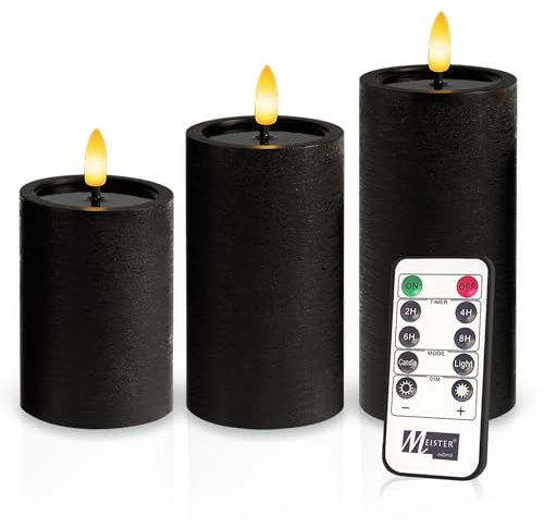 Meisterhome® LED-Kerzen 3er-Set Schwarz – Flammenlos - mit flackernder Flamme – Rustik Design – Stumpenkerzen mit Fernbedienung & Timer – Batteriebetrieben – Warmweiß – Ø7.5 x 10/12,5/15 cm Hoch