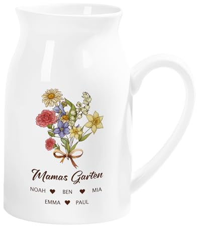 Geschenke Mall Personalisierte Keramik Vase - Mamas Garten Blumen - Vase oma, Blumenvase rosa, vase mit Gravur Mama, Personalisierte Geschenke oma, Geschenke Mama (5 Kinder)