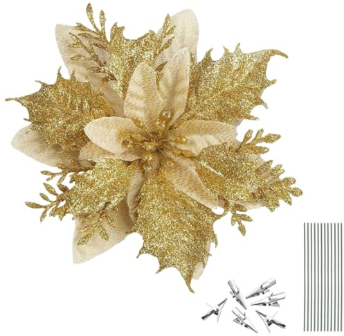 20 Stück Künstliche Weihnachtsblumen mit Clip,Blumen Weihnachtsbaum Blumenschmuck Weihnachtsbaum Ornamente,Weihnachtssternblumen mit Glitzerpulverdekorationen für Weihnachtsbaumgirlanden(Gold)