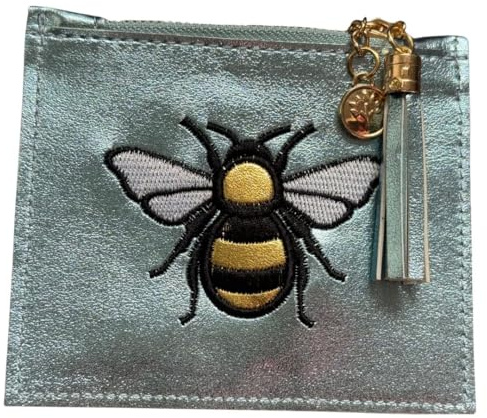Solis Accessories Metallic Embroidered Bee Coin, Card & ID Window Purse – with Bus Pass/Oyster Card Slot – Zipped Coin Section & Tassel Pull – 12 × 10.5 × 1 cm (Blue)