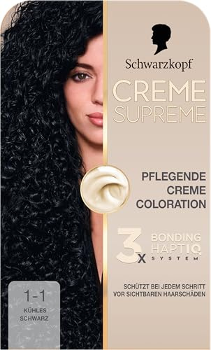 Schwarzkopf Creme Supreme Coloration 1-1 Kühles Schwarz (182 ml) | Pflegende Creme Coloration, intensive Haarfarbe mit 3x Bonding HaptIQ System, Colorationscreme mit 100% Grauabdeckung