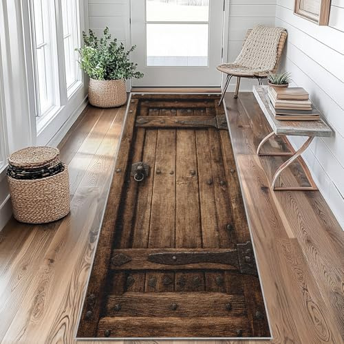 Generisch Holztür Läufer Teppich Flur 50 x 150 cm Waschbar Rustikaler Landhausstil Teppichläufer rutschfest Kurzflor Teppich Läufer für Eingang, küche, Schlafzimmer, Wohnzimmer, Korridor wU&A360