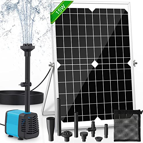 Pompa solare per laghetto e fontana da 15 W, portata 720 l/h, cavo estensibile da 5 m, 4 modelli di spruzzatura e sacchetto di filtrazione, ideale per stagni e impianti idrici