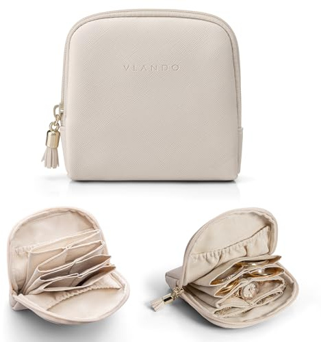 VLANDO Schmuckkästchen Reise Schmuckaufbewahrung, mit 6 Tasche Für Schmuck | Travel Essentials,Geschenk für Damen,Travel Accessories,Schmucktasche Für Ohrringe,Halsketten,Ringe,Cremeweiß