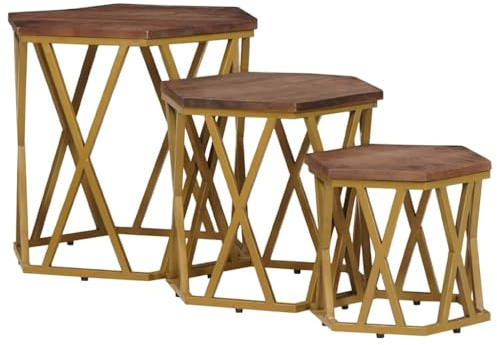 QUAHEAS Table basse marron 55 x 55 x 50 cm, bois massif mangue, pieds en métal doré, hexagonale, empilable, élégante table d'appoint pour salon, design moderne