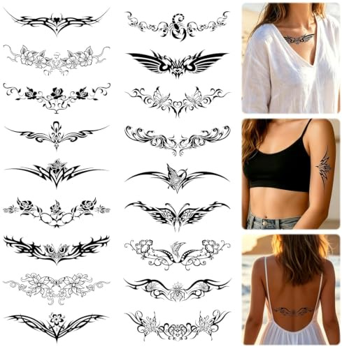 Flying Pottery 18 Tatouages Temporaires Sexy Beaux, Tatouage Faux Etanche Sexy Adulte, Tatouages Totem Séduction, Dos Ventre Cuisse, Poitrine Etanche, Non Réfléchissant,Sans Adhésif (Noir)