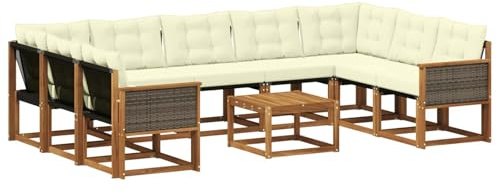 vidaXL Outdoor-Sofagarnitur mit Kissen 10 pcs Natur und Creme, Moderne Gartenmöbel, Akazienholz-Sofa, Textilene-Rücken, strapazierfähige Sitzmöbel, Bequeme Liegeplätze