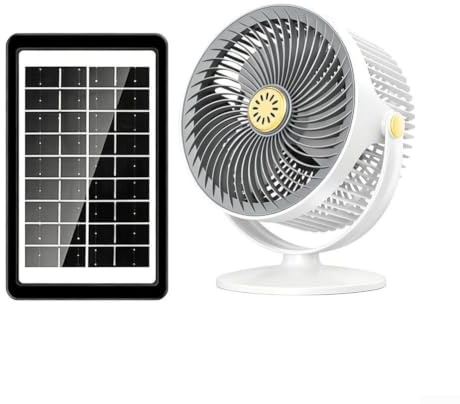 Ventilatore portatile da terra con pannello solare, batteria da 3000 mAh, impostazioni a 5 velocità, rotazione di 720°, montaggio senza trapano per viaggi, casa, ufficio (bianco)