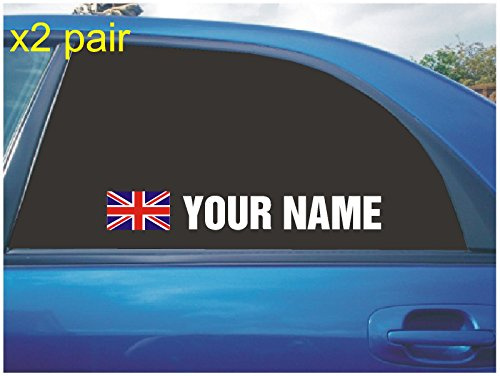 SCOOBY DESIGNS YOUR NAME RALLY RACE CAR WINDOW STICKER DECAL UNION JACK UK BRITISH FLAG WHITE X2