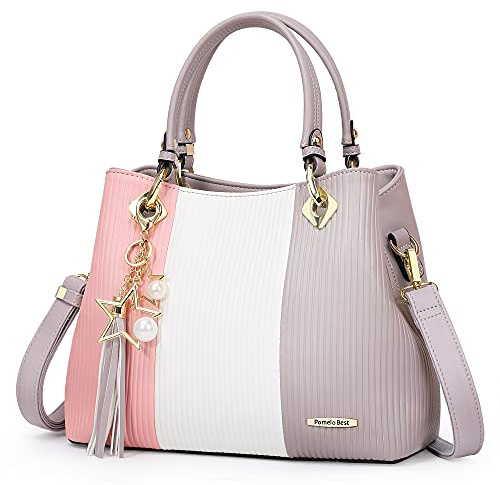 Damen Handtaschen mit mehreren Innentaschen in schöner Farbkombination, Pink (A-pink/weiß/grau), Large