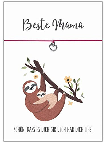 Glücksschmiedin - Faultierkarte mit Wunscharmband mit silberfarbenem Herz Anhänger, elastisches Textilarmband in pink, größenverstellbar, Postkarte mit Glücksarmband