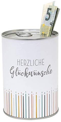 Dekohelden24 Metall-Spardose - Konservendose-Design - Motiv: Herzliche Glückwünsche - Ø 8,6 cm x H 12 cm