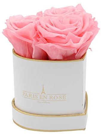 PARIS EN ROSE Rosenbox HERZ | mit 3 rosa Infinity Rosen Größe XL | herzförmige Box in Weiß mit Gold | ewige Rose | 3 Jahre haltbar | Grußkarte