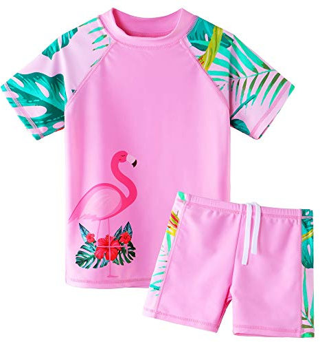 ZNYUNE Fille Maillot de Bain Imprimé 2 pcs Haut Manches Courtes + Short 324 Flamant-Rose NO.4A pour 3-4 Ans