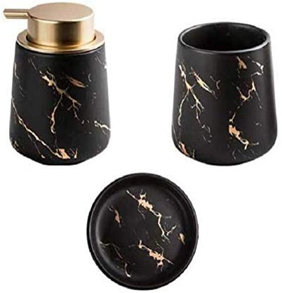 FülleMore 3-teiliges Badzubehör Set aus Keramik Marmor Optik Badezimmer Zubehör Set Bad Accessoires Set Seifenschale,Zahnputzbecher,400ml Seifenspender (Schwarz)