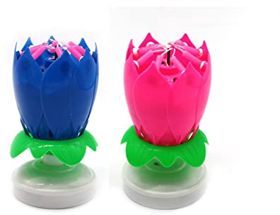 Blue or Pink Musical Birthday Candle Lotus Flower Shape Plays Birthday Music with Lotus Opening Perfect for Christmas, Birthdays, Weddings (Blue)