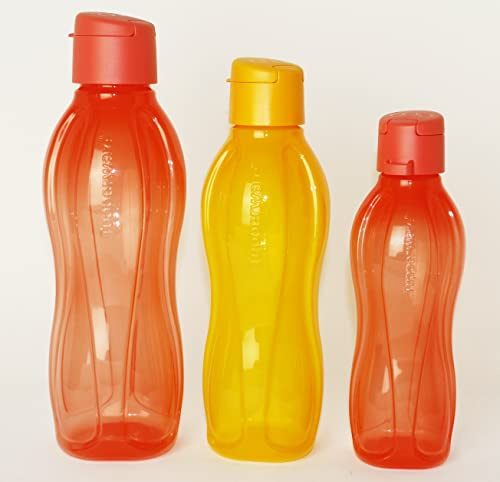 TUPPERWARE EcoEasy Trinkflasche 1L Lachs-Orange + 750ml Orange + 500ml Lachs-Orange + Kugelschreiber metallic