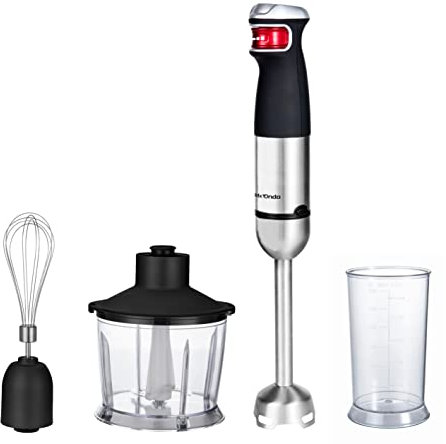 Mx Onda Batidora de mano, 1200w con control electrónico de velocidad por presión, sistema de 4 cuchillas de acero inoxidable (Con picadora y accesorio batidor de varillas)