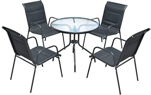 Gecheer 5-TLG. Garten Essgruppe Rund, Sitzgruppe 4+1, Gartentisch & 4 Stapelbare Stühle, Gartenmöbel Set Stahl Schwarz