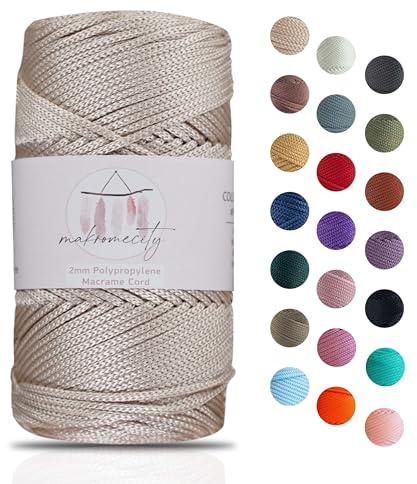 Makromecity, Polyester Macrame Cord 2mm x 125 Yards (375 feet) 2mm Polypropylene Macrame Cord Crochet Macrame Bag Cord Crafts for Wall Hangings, Bags, Underplate, Rug (1, Latte)