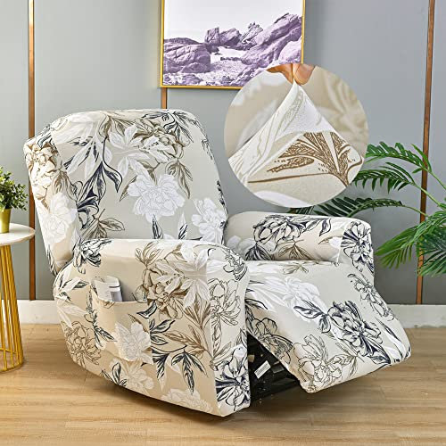 Highdi Stretchhusse für Relaxsessel Komplett Sesselschoner Blumen Bedruckter Sesselbezug 4-teilige Stretch Relaxsessel Bezüge für Fernsehsessel, Recliner Sesse, Schaukelstuhl (Beige Jahrgang)