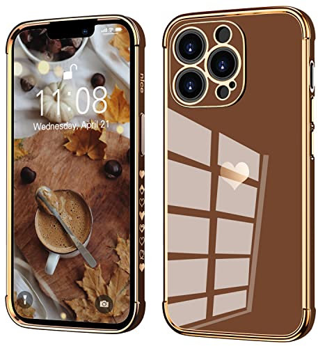WXX for iPhone 12 Pro Case - Cute Heart Pattern, Luxury Silicone, Slim, Bling Camera Lens Protection, Shockproof Cover, Compatible with iPhone 12 Pro 6.1'' - Brown