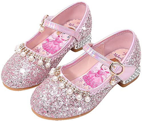 YOGLY ELSA Prinzessin Schuhe Mädchen Cosplay Eiskönigin Weihnachten Karneval Geburtstag Neujahr Kostüm Zubehör Weich Blau Rosa Silber Pailletten Kristall Hohe Absätze für Kinder Halloween Party