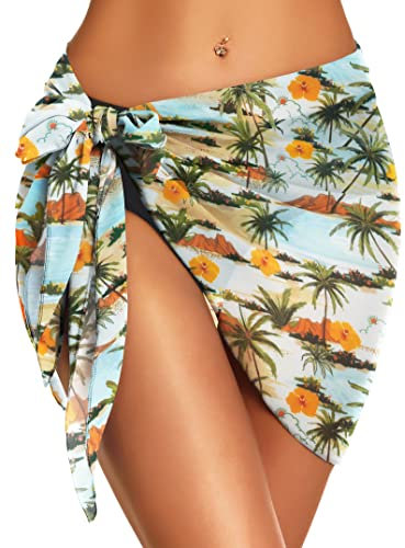 Badeanzug für Damen, Sarong, Strand, Bikini, durchscheinend, kurzer Rock, Chiffon-Schal für Bademode, Gelb Hawaii, Medium