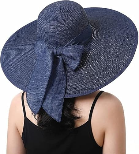 BABAHU Faltbarer Sonnenhut für Damen, breite Krempe, Strohhut, Sommer-/Strandhut, UV-Schutzfaktor 50+, 02-Style Bowknot Navy, Einheitsgröße