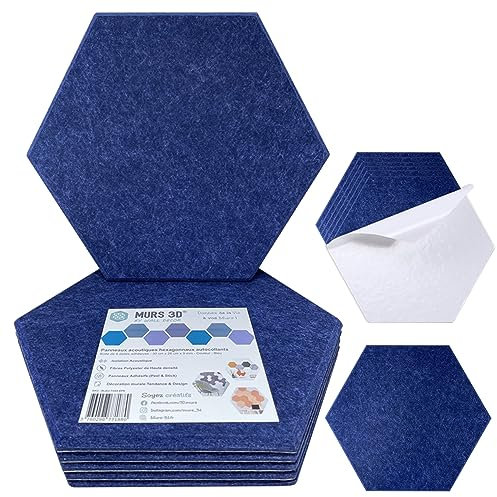 MURS 3D | Panneaux Acoustiques - Dalles Adhésives Hexagonales - Haute Densité 180KG/m³ - Mousse Anti bruit, Panneau acoustique - Isolation Mur, Plafond | 6 Plaques de 300x260x9mm (Bleu Lisse)