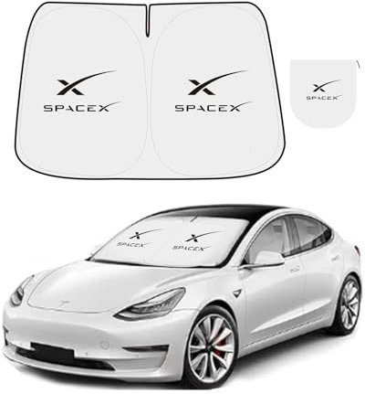 YOYGAG Tesla Model 3 Model Y Windshield Sunshade, Foldable 300T High-Density Sunshade with Organizer Bag, Model 3 Model Y Accessories for Front Window (Black, Pattern-SpaceX)