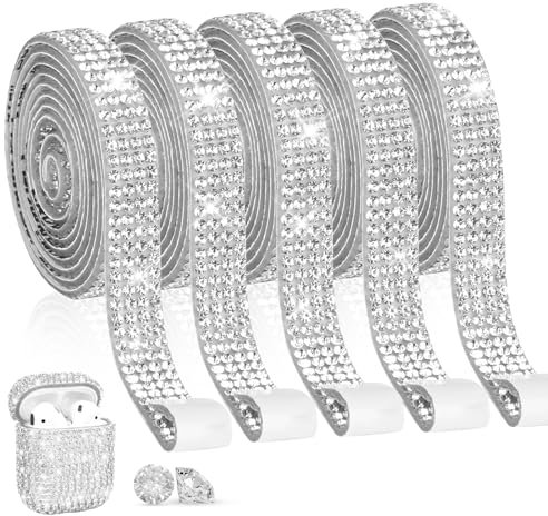 ZEFAN 5 Rollen Strassband Selbstklebend, 1 Yard Glitzerband, Strassband zum Aufnähen, Silberne Strasssteine Selbstklebend, Geeignet für DIY Bastelarbeiten, Hochzeitsdekoration