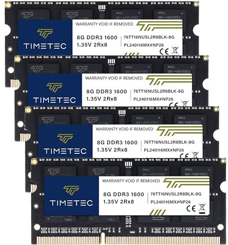 Timetec 32Go KIT(4x8Go) DDR3 / DDR3L 1600MHz PC3-12800 Non-ECC sans Tampon 1,35V/1,5V CL11 2Rx8 Double Rang 204 Broches SODIMM Ordinateur Portable PC Ordinateur mémoire RAM PCB Noir