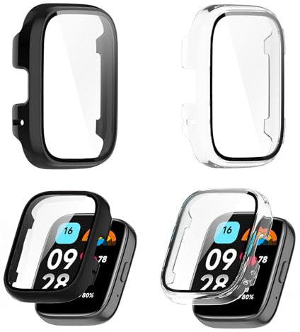 2 Pezzi Custodia Compatibile con Xiaomi Redmi Watch 3 Active, Cover Sottile TPU Anti-Graffio, Protezione Case Integrata con Vetro Temperato (schwarz+transparent)
