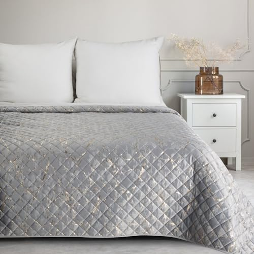 Eurofirany Marmor Decke Tagesecke mit elegantem Muster für Doppelbett Samt Velours Glamour Dekorativer Bettüberwurf (Silber+Champagne, 220X240 cm)