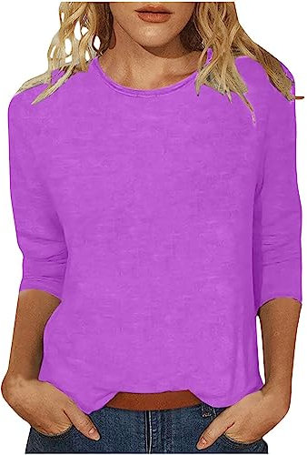 HOOUDO Angebote des Tages Heute Einfarbiges T-Shirt-Oberteil für Damen mit rundem Ausschnitt und schmalen Sieben-Punkt-Ärmeln Rolli Damen Langarm T Shirts Damen Bluse Damen Kur Mein Bestellung Sale