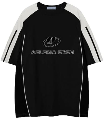 Aelfric Eden Herren Sommer Fußball Shirt Damen Oversized Rundhals Kurzarm Vintage Raglan Jersey Basic Tshirt mit Stripes Casual Oberteile Streetwear Schwarz, S