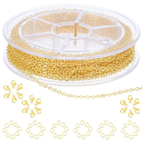 COMNICO 16.4ft Stainless Steel Chain 2.4mm Jewelry Cable Link Chain Roll DIY Craft Supplies Findings with 20pcs Lobster Clasps 50pcs Jump Rings for Making Necklace Earring Bracelet (Gold)