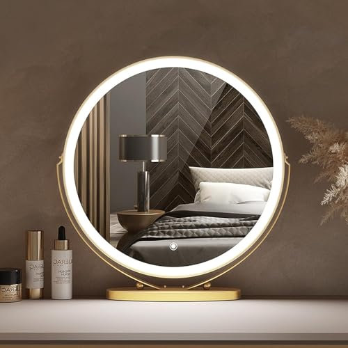 Miroir de Maquillage Rond Hollywood, éclairage de Table de courtoisie sur Pied, Grand Miroir avec lumière LED, Miroir cosmétique de Table, Rotation à 360° et intensité Tactile, 3 Couleurs po