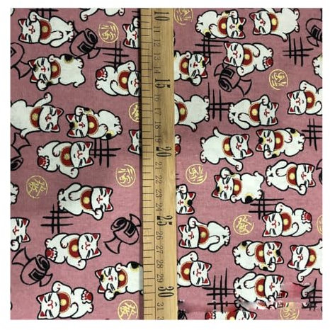 BrightGlow 100x150 cm Japanischer Stil Baumwollstoff Meterware Bunt Gedruckt Nähstoffe mit Blume Fächer Fliegender Kranich Tücher Baumwolltuch Kleiderstoff Quiltstoffe zum Nähen Rosa-Katze