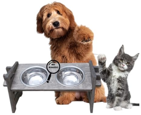 Personalisierte Futterstation in Grau | Erhöhter Futternapf für Hund und Katze | Fressnapf höhenverstellbar | Hundenapf erhöht | Katzennapf | Futterbar aus Holz
