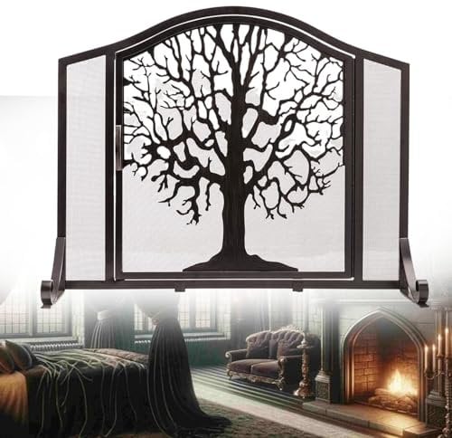 WEIMILOR Copertura per Camino in Ferro battuto a Forma di Albero, Schermo/griglia per Camino con Porta, griglia di Protezione dalle scintille per Soggiorno, cancello per Camino Fatto a Mano