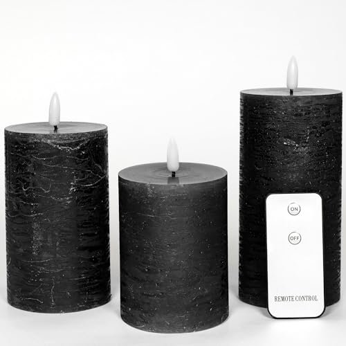 3er Set Led Kerzen 7,5cm ø Kerze flackernde Flamme mit Fernbedingung SCHWARZ 15 cm + 12,5 cm + 10 cm Höhe, LED Kerzen mit Timerfunktion, 3 AAA Batterien nötig, LED Echtwachs Stumpenkerzen warmweiß