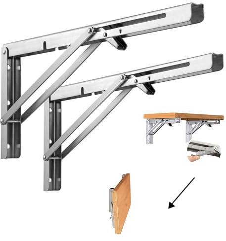 Klappkonsole 600 mm Schwerlast Edelstahl, 2 Stück Klappwinkel, Tragfähigkeit bis 100 kg, Platzsparende Wandklappkonsole für Regale，Tische, Heimwerker