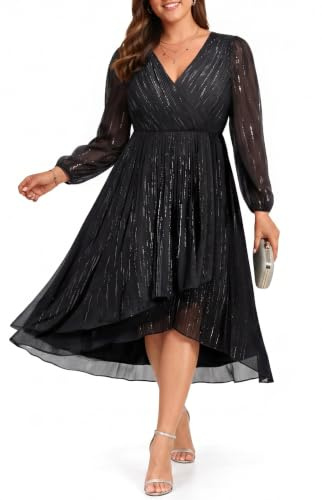 Talisea Cocktailkleid in Übergröße – formelle Hochzeitsgäste Herbst Langarm A-Linie Plissee V-Ausschnitt Midikleider für kurvige Frauen