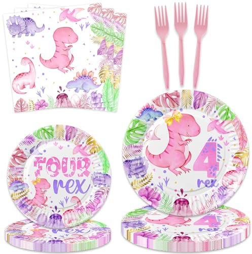 80 Pcs Watercolor Dinosaur 4th Birthday Party Supplies Pink Roar I'm Four Birthday Tableware Includes Plates, Forks, Napkins for Girls 4 Rex Dinosaur Four Year Old Bday Party Decorations Favors
