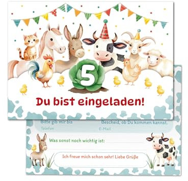 Junaversum 12 Einladungskarten zum 5. Kindergeburtstag Bauernhof Kinder Mädchen Jungen coole bunte Einladungen fünfte Geburtstag Geburtstagseinladungen Kids